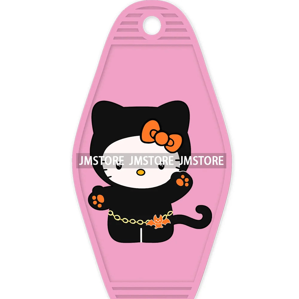 Cute Cartoon Pink Hello Cat With Bow Flower High Quality WaterProof UV DTF Sticker For Motel Hotel Keychain Labels DIY Logo