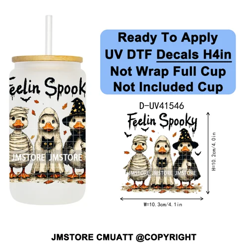 Spooky Highland Cow Halloween Ghosts Pumpkin UV DTF Decals Ready To Apply Waterproof Transfer Stickers For 16OZ Libbey Glass Can