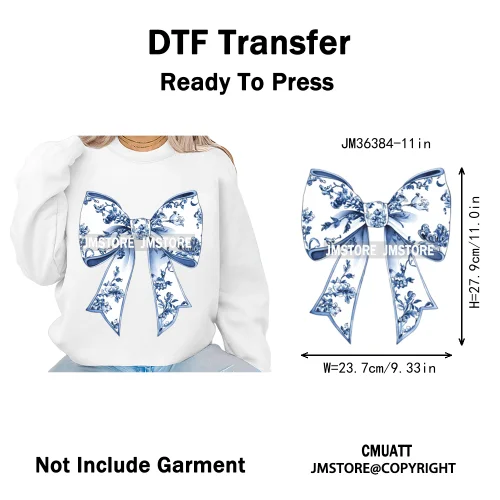Blue And White Toile Chinoiserie Floral Coquette Bow Thermal Decals Iron on DTF Transfers Stickers Ready to Press for Clothing