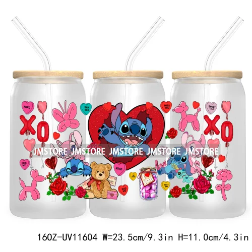 Happy Valentine's Day Cartoon Mouse Couple 16OZ UV Cup Wrap DTF Transfer Sticker For Libbey Glass Can Cups Tumbler XOXO Love Bug