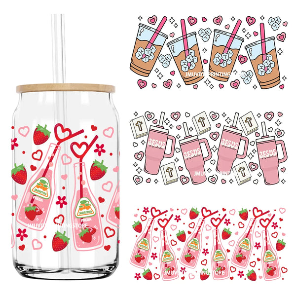 Valentines Heart Strawberry Drink 16OZ UV DTF Cup Wrap Transfers Stickers Custom Labels DIY Waterproof Logo For Libbey Glass Can