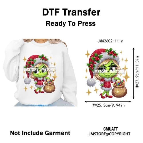 Faux Glitter Cartoon Christmas Movie Green Santa Kid Girly Xmas Iron on DTF Washable Transfer Sticker Ready to Press for Textile