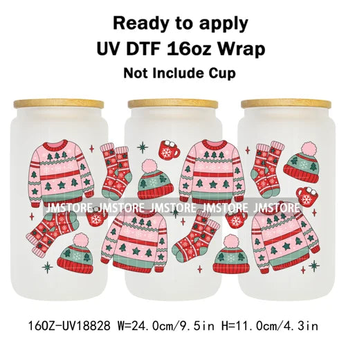 Christmas Bookish Santa Stocking Gifts UV DTF Cup Wrap Ready To Apply Transfer Stickers Waterproof For 16OZ Libbey Glass Can Mug