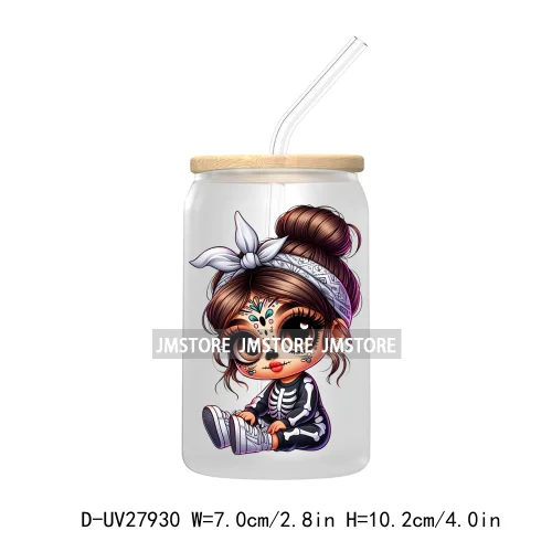 Halloween Skeleton Latina Chibi Baby UV DTF Transfer Stickers Decals For Libbey Cold Cups Mug Tumbler Waterproof Labels Princess