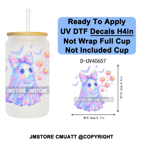 Iridescent Ghost Pumpkin Coquette Halloween UV DTF Transfer Stickers Decals Ready To Apply Waterproof For 16OZ Libbey Glass Can