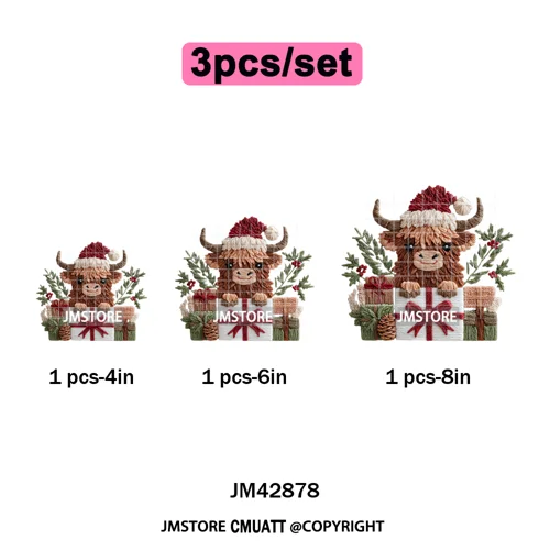 Faux Latch Hook Yarn Crochet Christmas Highland Cow Santa Iron on DTF Washable Transfer Stickers Ready to Press for Garment Bags