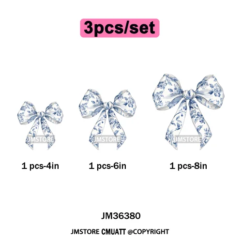 Blue And White Toile Chinoiserie Floral Coquette Bow Thermal Decals Iron on DTF Transfers Stickers Ready to Press for Clothing