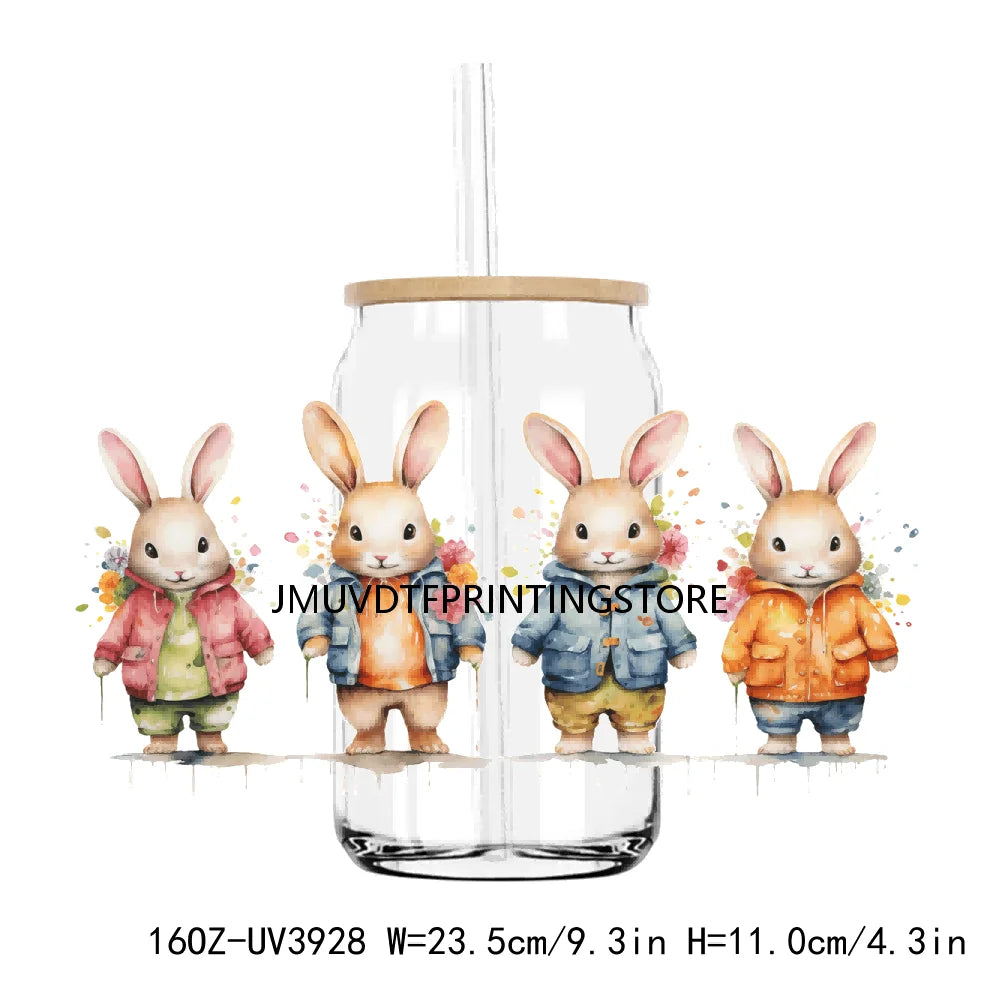 Cute Easter Bunny Rabbit With Flower 16OZ UV DTF Cup Wrap Transfer Sticker Custom Label DIY Waterproof Logo For Libbey Glass Can