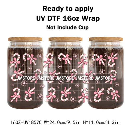 Preppy Christmas Candy Cane Xmas Tree UV DTF Cup Wrap Ready To Apply Transfer Stickers 16OZ Tumbler Wraps For Libbey Glass Can
