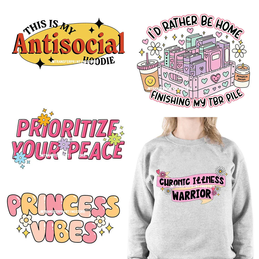 Iron On Prioritize Your Peace Princess Vibes Kindness Grateful Affirmation Saying Quotes DTF Transfers Stickers For T-Shirts Bag