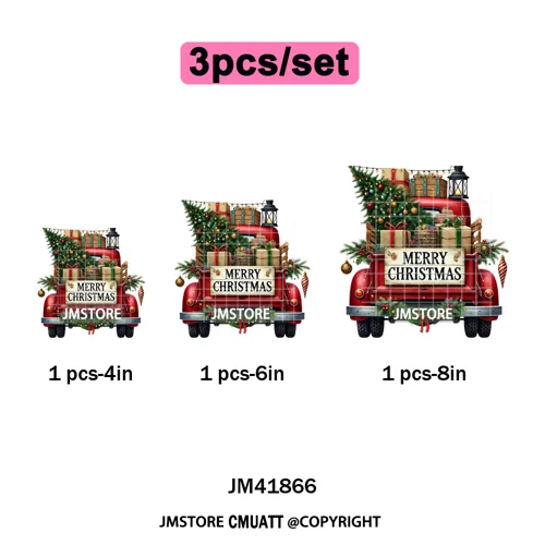 Christmas Pickup Truck Car Winter Tree Snowy Holiday Decoration Iron on DTF Heat Transfers Stickers Ready to Press for Clothing