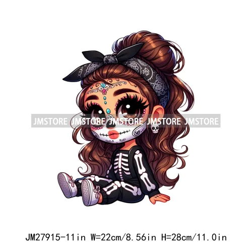 Halloween Skeleton Latina Baby Chibi Hispanic Girls Spooky Season DTF Iron On Transfers Stickers Ready To Press For Clothing