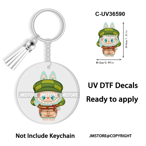 Coquette Bow Cartoon Monsters Doll In Costume Decal Round Keychain Ready To Apply UV DTF Transfer Stickers For Circle Keychain