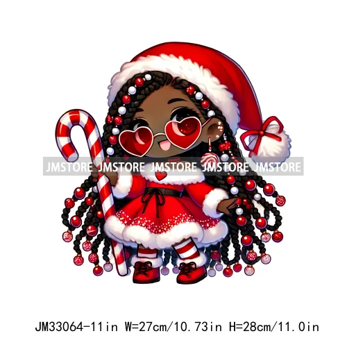 Chibi Candy Santa Girl African American Characters Merry Christmas Gift Iron On DTF Transfer Stickers Ready To Press For Clothes