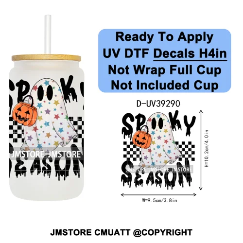 Retro Spooky Season Halloween Ghost Boo Gift UV DTF Transfer Stickers Decals Ready To Apply Waterproof For 16OZ Libbey Glass Can