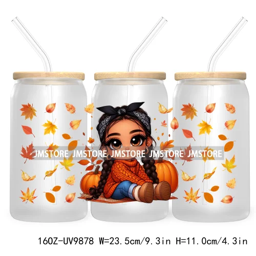 Mexican Latina Chibi Autumn Baby Girl UV DTF Sticker For 16OZ Libbey Glass Cup Can Wrap Transfer Stickers Custom Labels DIY Logo