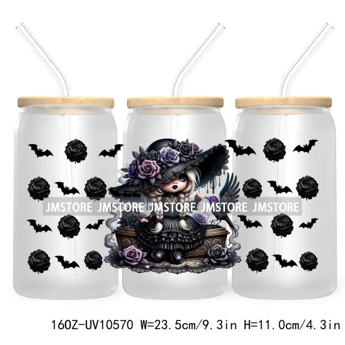 Gothic Girl Gnomes Halloween 16OZ UV Cup Wrap DTF Transfer Stickers For Libbey Glass Can Cups Tumbler Labels Spooky Bats Witch