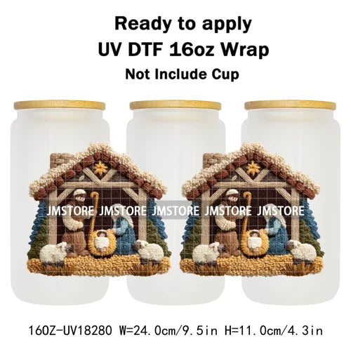 Faux Yarn Crochet Jesus Christmas Religious UV DTF Stickers Ready To Apply Cup Wrap Custom Labels DIY Craft For Libbey Glass Can