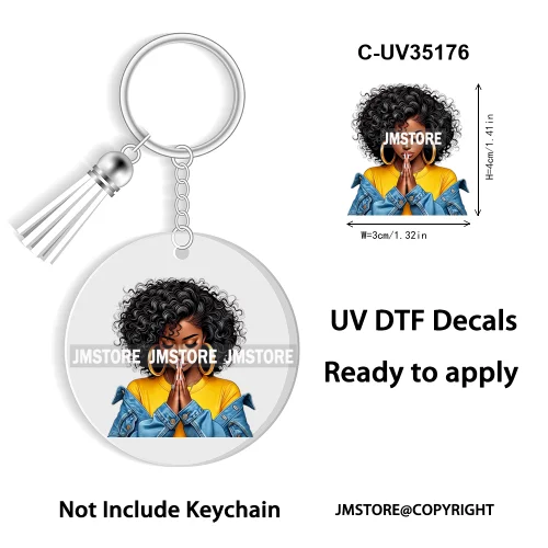 Christian Jesus God Pray Afro Girl UV DTF Decal Round Keychain Ready To Apply WaterProof Transfer Stickers For Circle Keychain