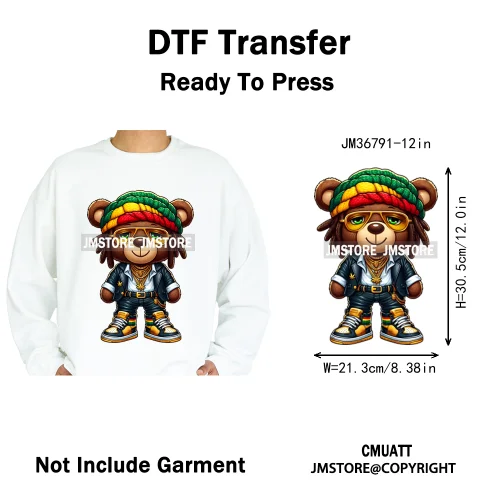 12in Cartoon Gangster Hip Hop Streetwear Teddy Bear Lover Designs Iron on DTF Heat Transfers Stickers Ready to Press for Hoodies