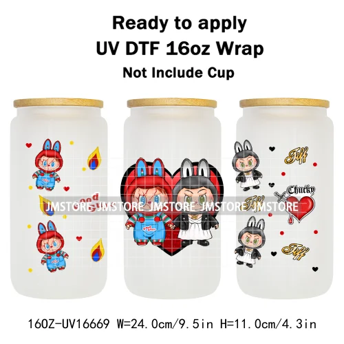 Laboo Cartoon Horror Halloween Characters 16OZ UV DTF Cup Wraps Ready To Apply Waterproof Transfer Stickers For Libbey Glass Can