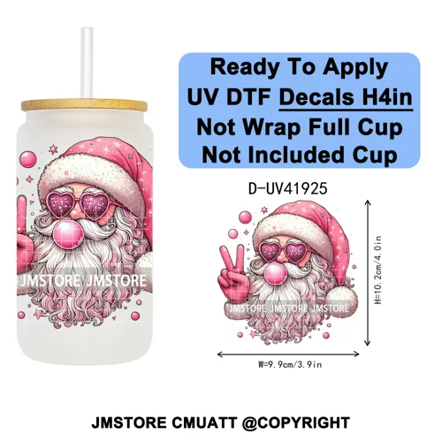 Christmas Santa Claus Patchwork UV DTF Decals Ready To Apply Waterproof Transfer Stickers DIY Crafts For 16OZ Libbey Glass Can