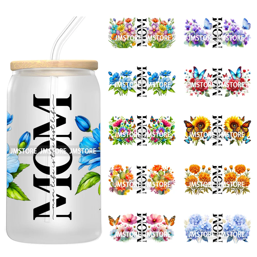 Strong Mom Butterfly Floral Mother's Day 16OZ UV DTF Cup Wraps Ready To Apply Waterproof Transfer Stickers For Libbey Glass Can