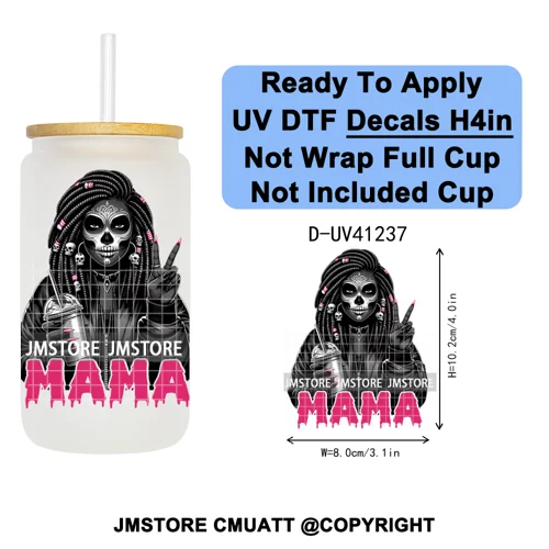 Spooky Mama Skullface Halloween UV DTF Decals Ready To Apply Waterproof Transfer Stickers DIY Crafts For 16OZ Libbey Glass Can