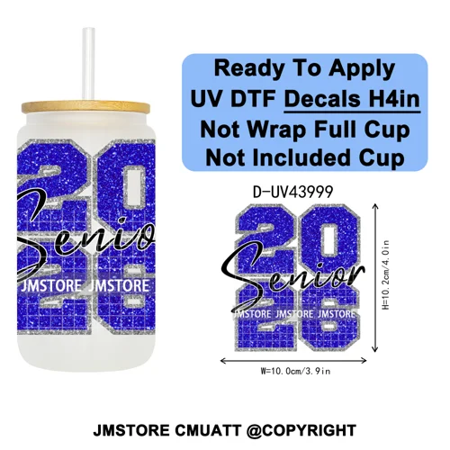 Faux Glitter Senior 2026 School UV DTF Decals Ready To Apply Waterproof Transfer Stickers DIY Crafts For 16OZ Libbey Glass Can