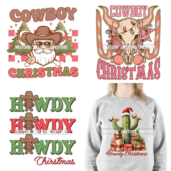 Retro Western Howdy Cowboy Santa Snowmies Cactus Merry Christmas Iron On DTF Transfers Stickers Ready To Press For Clothing