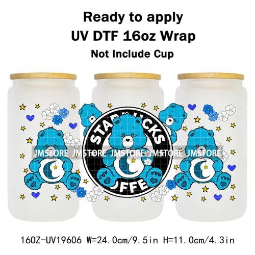 Cheerful Floral Hearts Cartoon Bears Clipart UV DTF Transfer Stickers Cup Tumbler Wrap For 16OZ Libbey Glass Bottle Cup Wraps