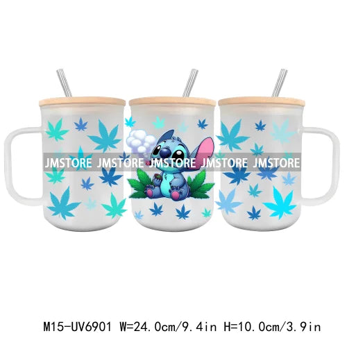 Cartoon Blue Koala Smoking UV DTF Glass Can Wrap For 15OZ Mug Glass Cup Transfer Stickers DIY Custom Logo Labels Mouse Couple