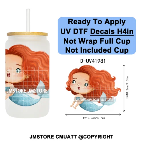 Cute Little Mermaid Cartoon Princess Festive UV DTF Transfer Stickers Decals Ready To Apply Waterproof For 16OZ Libbey Glass Can