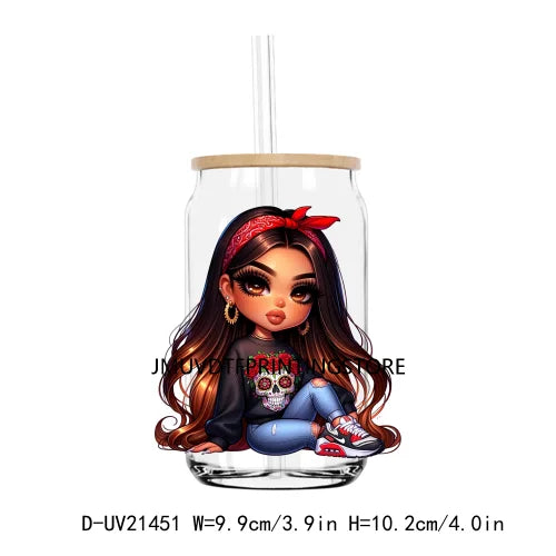 Chibi Cute Chicana Doll With Rose UV DTF Transfers Stickers Decals For Libbey Cold Cups Mugs Tumbler Mexico Waterproof DIY Logo