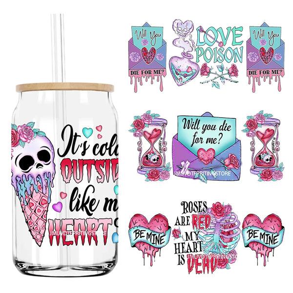 Spooky Valentine Skull Skeleton 16OZ UV DTF Cup Wrap Transfers Stickers Custom Labels DIY Waterproof Logo For Libbey Glass Can