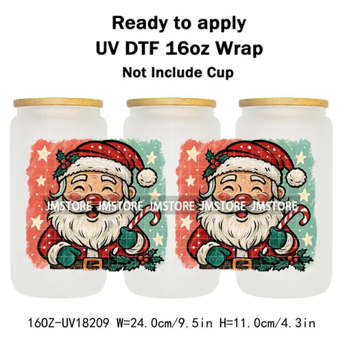 Preppy Brushstroke Christmas Santa Claus 16OZ UV DTF Cup Wraps Ready To Apply Waterproof Transfer Stickers For Libbey Glass Can