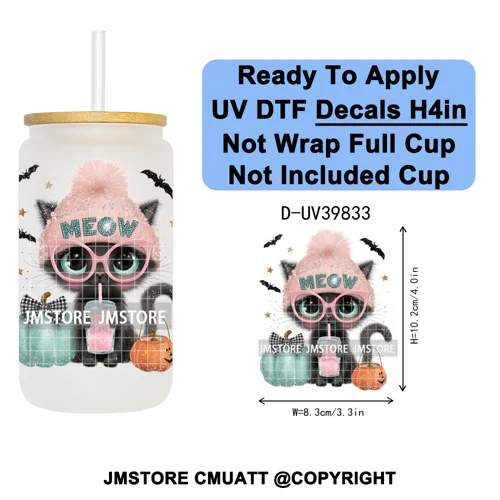 Girly Halloween Ghost Pumpkin Coffee Lover UV DTF Transfer Stickers Decals Ready To Apply Waterproof For 16OZ Libbey Glass Can