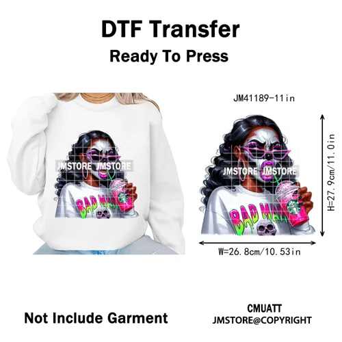 Horror Halloween Character Afro Coffee Killer Bad Mama Club Iron on Washable DTF Transfers Stickers Ready to Press for Clothing