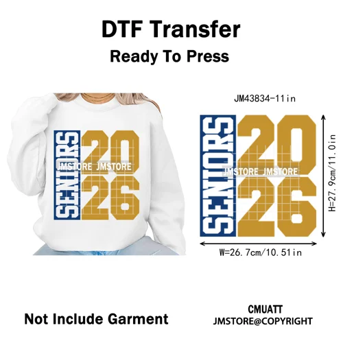 2026 Varsity Graduate Season College Senior Year Bow Iron on Washable DTF Heat Transfers Stickers Ready to Press for Sweatshirts