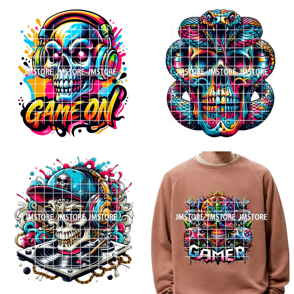12in Hip Hop Graffiti Urban Skull Gaming Controller Game Lovers Iron on DTF Transfers Stickers Ready to Press for Hoodies Bags