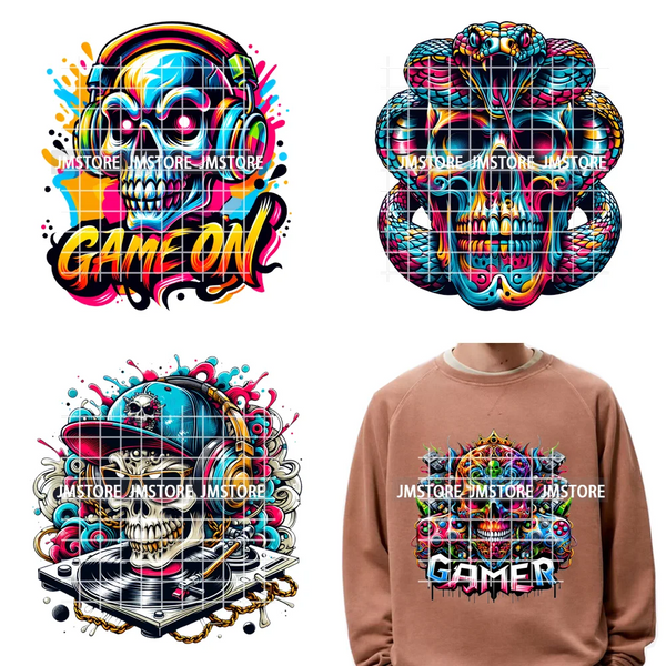 12in Hip Hop Graffiti Urban Skull Gaming Controller Game Lovers Iron on DTF Transfers Stickers Ready to Press for Hoodies Bags