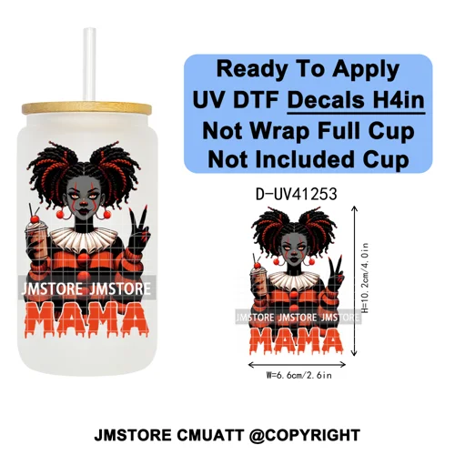 Black Girl Horror Characters Halloween Coffee UV DTF Transfer Sticker Decals Ready To Apply Waterproof For 16OZ Libbey Glass Can
