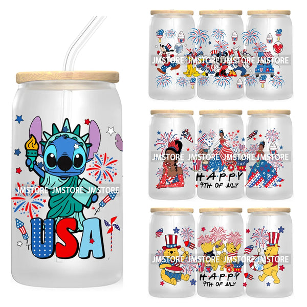 Happy 4TH Of July Cartoon Bear Friends 16OZ UV DTF Cup Wrap Transfer Stickers For Libbey Glass Can Cups Tumbler Waterproof Craft