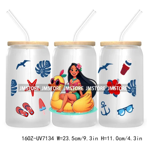 Cartoon Princess's Summer Vacation 16OZ UV DTF Cup Wrap Transfers Stickers For Libbey Glass Can Cups Tumbler Waterproof Craft