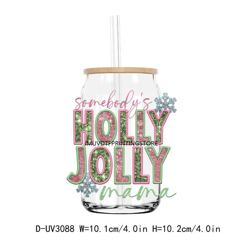 Faux Sparkly Glitter Holly Jolly Christmas UV DTF Transfer Stickers Decals For Libbey Cold Cups Mugs Tumbler Waterproof DIY Logo