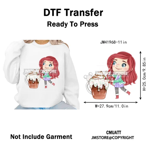 Cute Winter Christmas Girls Baby Mermaid Kids Cartoon Character Iron on DTF Washable Transfers Stickers Ready to Press for Texti