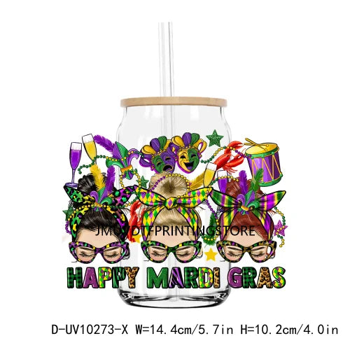 Happy Mardi Gras Afro Messy Bun UV DTF Transfers Stickers Decals For Libbey Cold Cups Mugs Tumbler Waterproof DIY Logo