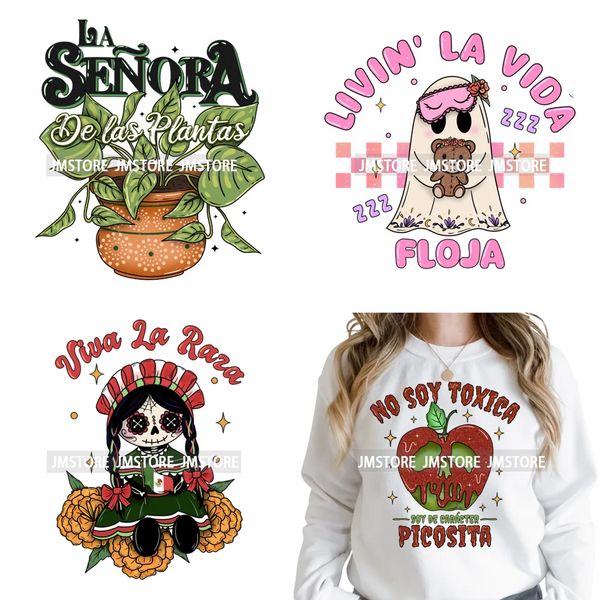 Mexican Culture Halloween Vibes Spanish Cafecito Viva Design Iron on DTF Washable Transfers Stickers Ready to Press for Hoodies