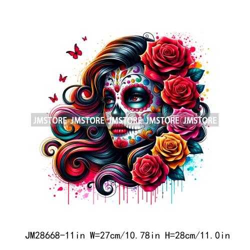 La Catrina Day Of The Dead Floral Sugar Skull Mexican Girls Halloween Iron On DTF Transfers Stickers Ready To Press For Hoodies