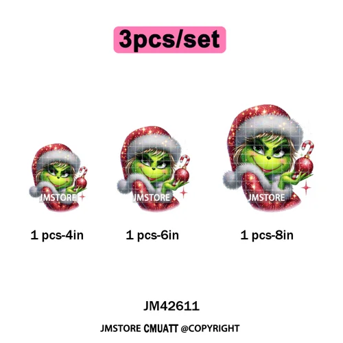Faux Glitter Cartoon Christmas Movie Green Santa Kid Girly Xmas Iron on DTF Washable Transfer Sticker Ready to Press for Textile